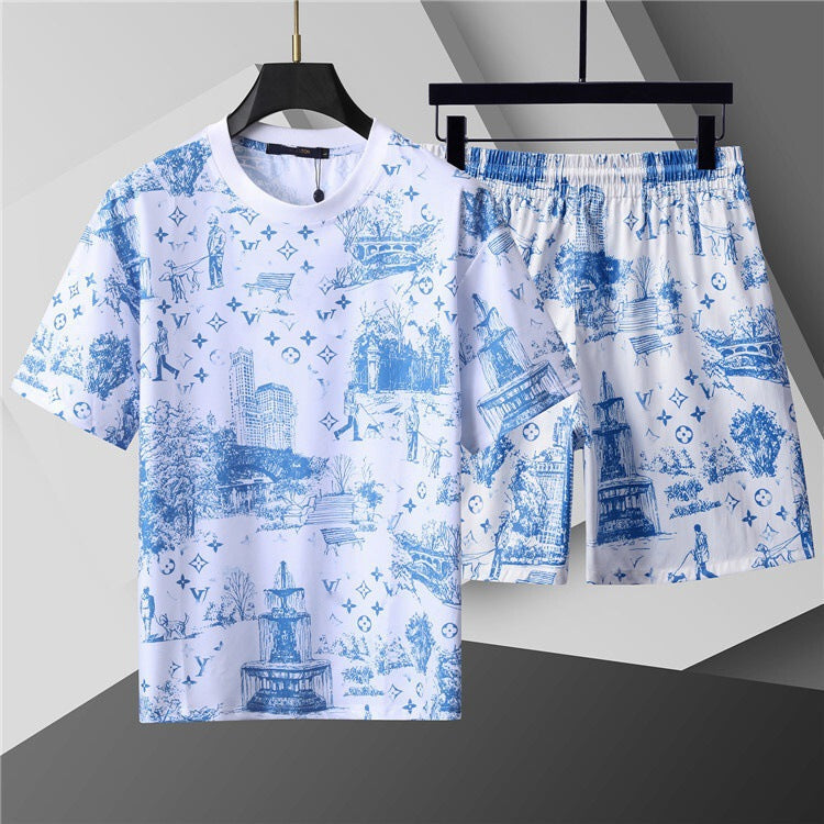 High-Quality Version, Authentic Short-Sleeve Shorts Set, Casual Sports Summer European and American Popular Collection, Round-Neck T-Shirt, Cross-Border