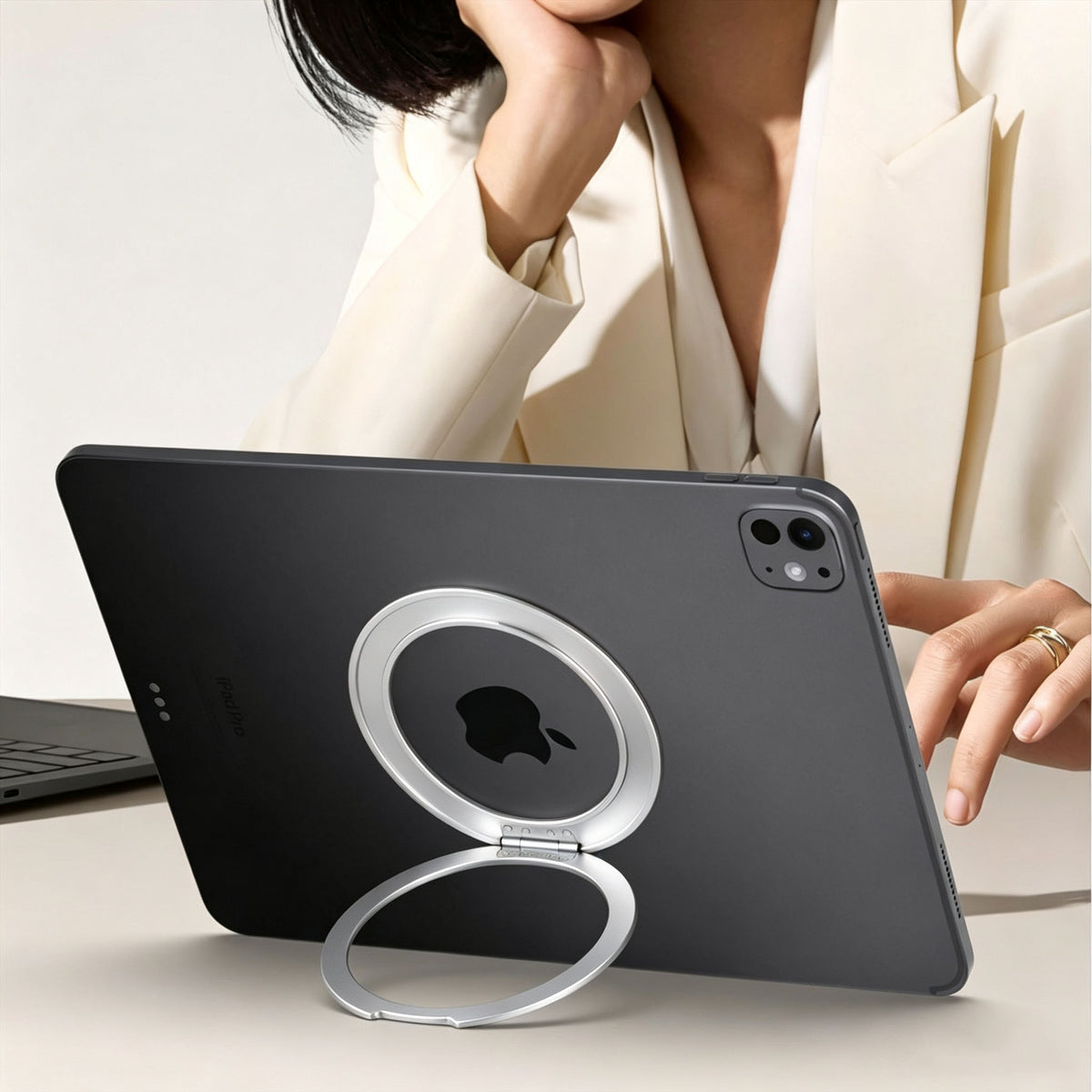 Tablet Stand with 360-Degree Rotation, Adhesive-Backed, All-Metal Desktop Lazy Stand, iPad Tablet Ring Holder